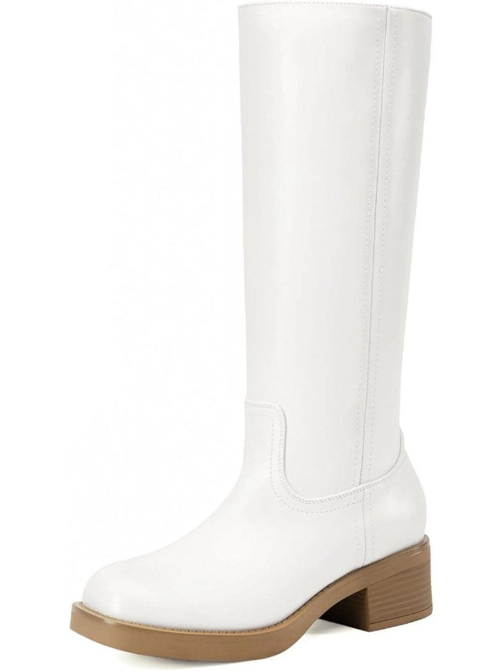 Women's White Faux Leather Square Toe Chunky Block Heel Knee High Riding Boots